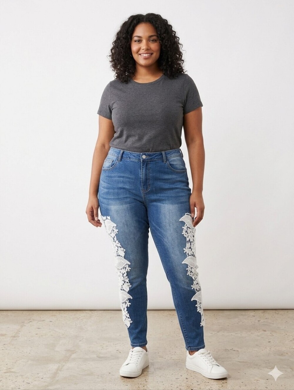 New! Women’s Dark Blue Jeans with White Lace Side Panels 3xl